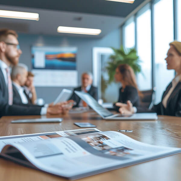Professionell gedruckte Broschüre als geschäftsbericht auf Konferenztisch im Unternehmen