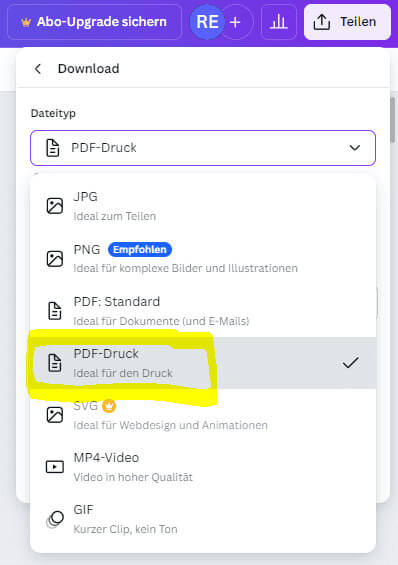 PDF-Druck für Zeitung in Canva auswählen