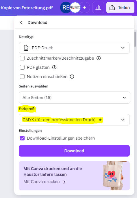 Farbprofil CMYK für Zeitungsdruck in Canva einstellen