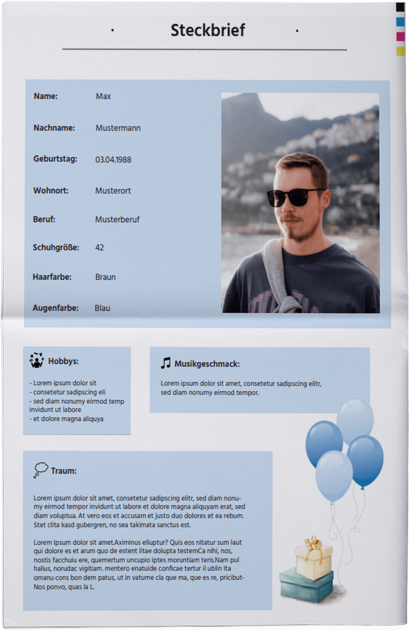 Vorlage für Geburtstagszeitung mit Steckbriefen